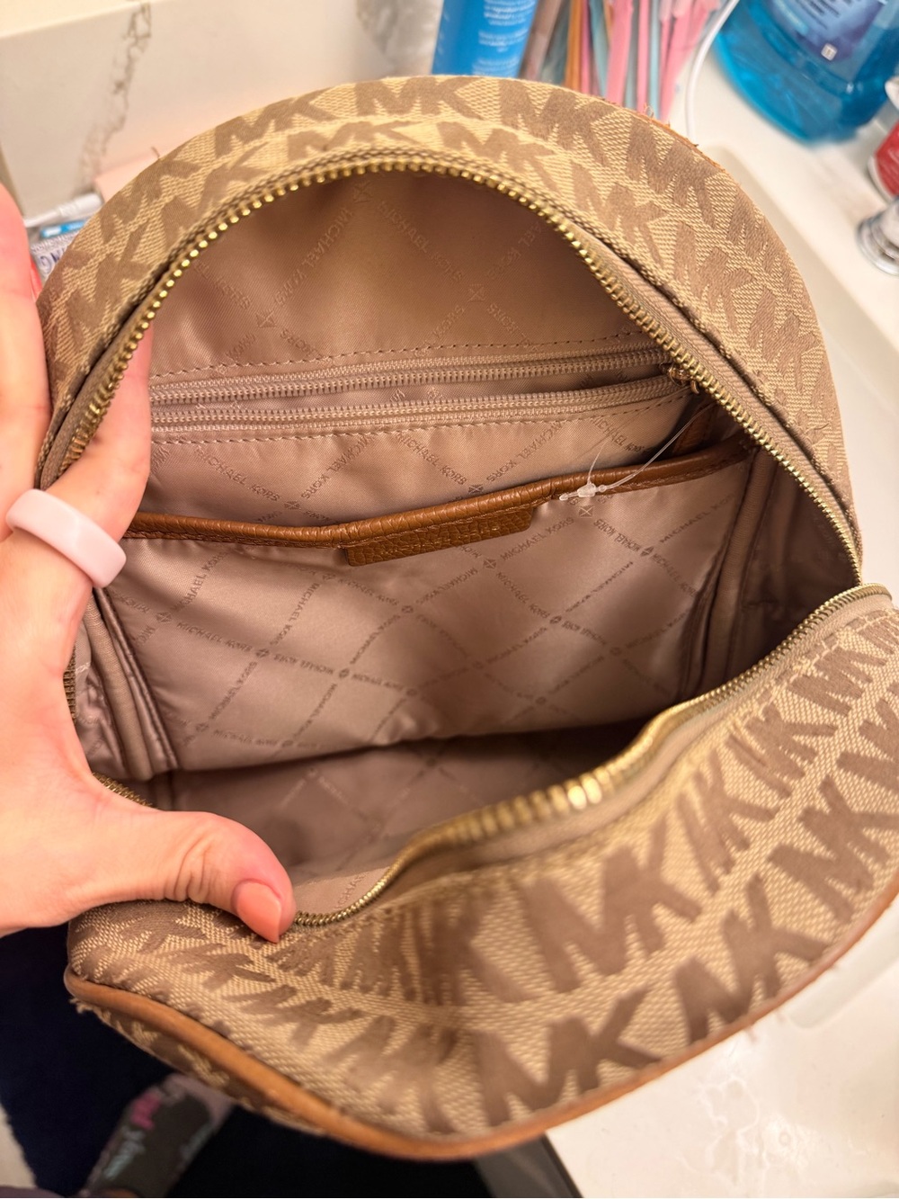 Michael Kors Tan & Brown Stripe Logo Mini Backpack - Picture 4 of 5